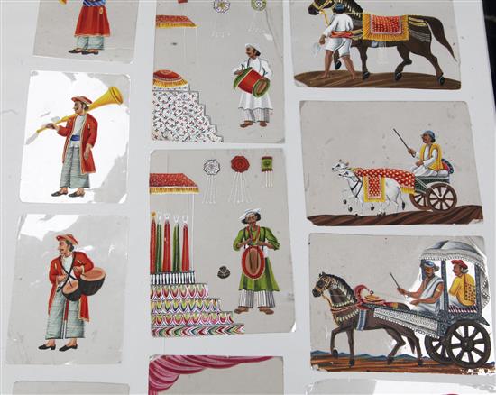 An extensive collection of 19th century Indian gouache on mica pictures, largest 5 x 7in. approx., unframed